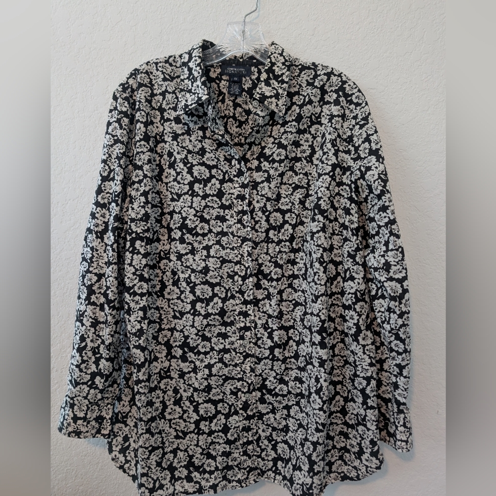 Jones New York Signature Plus Size Black Floral Buttons Down Shirt 1X